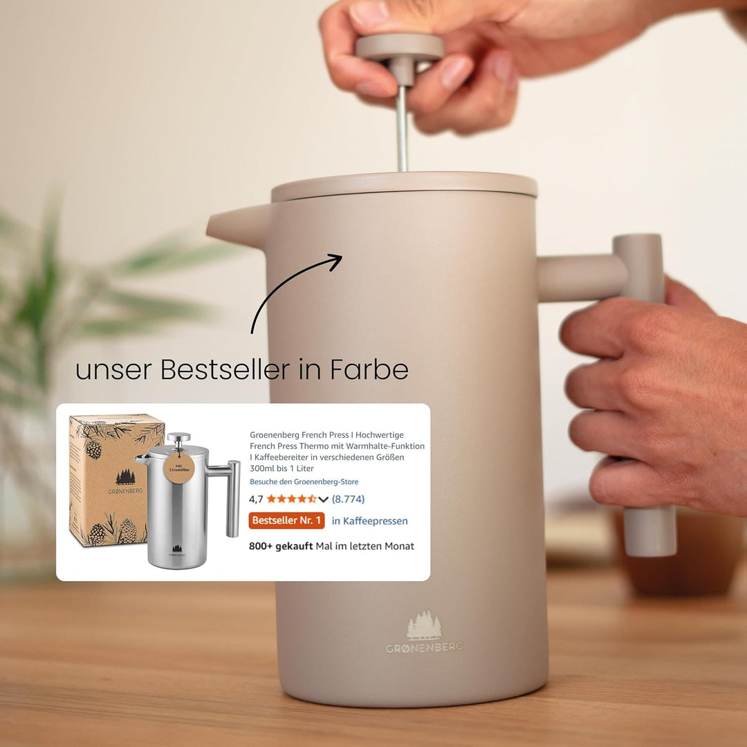 Groenenberg French Press Earth 600 ml o. 1 Liter I Hochwertige Kaffeepresse mit Thermo Warmhalte-Fun