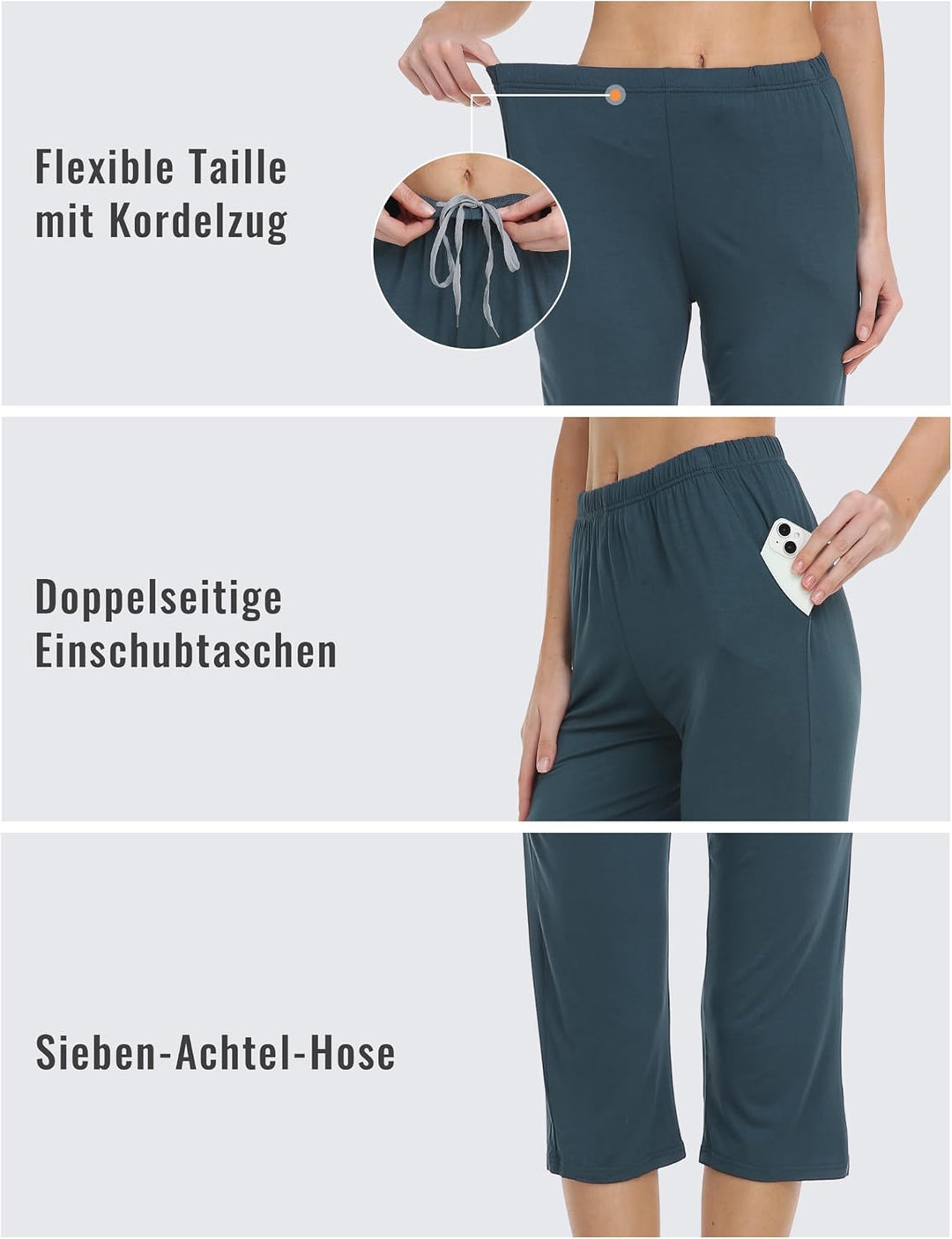 MoFiz Damen Schlafanzughose 3/4 Lang Schlafhose Modal Nachtwäsche Weich Pyjamahose Freizeithose mit