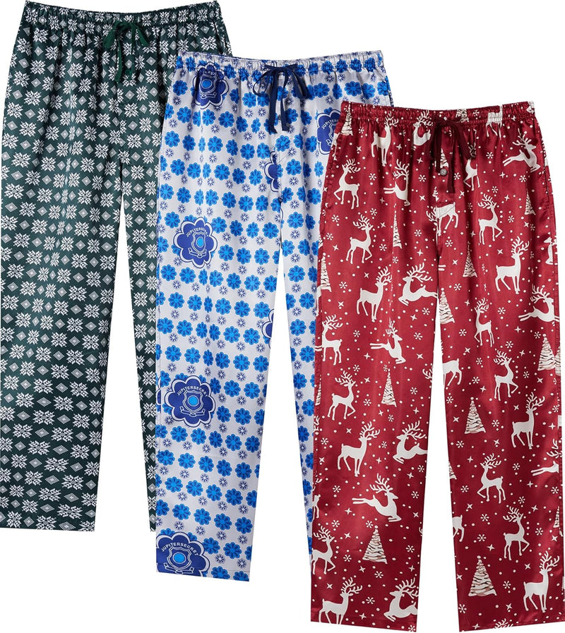 Weihnachten Herren Satin Pyjamahose lange Pyjamahose für Männer Nachtwäsche 3 Packs mit Taschen und