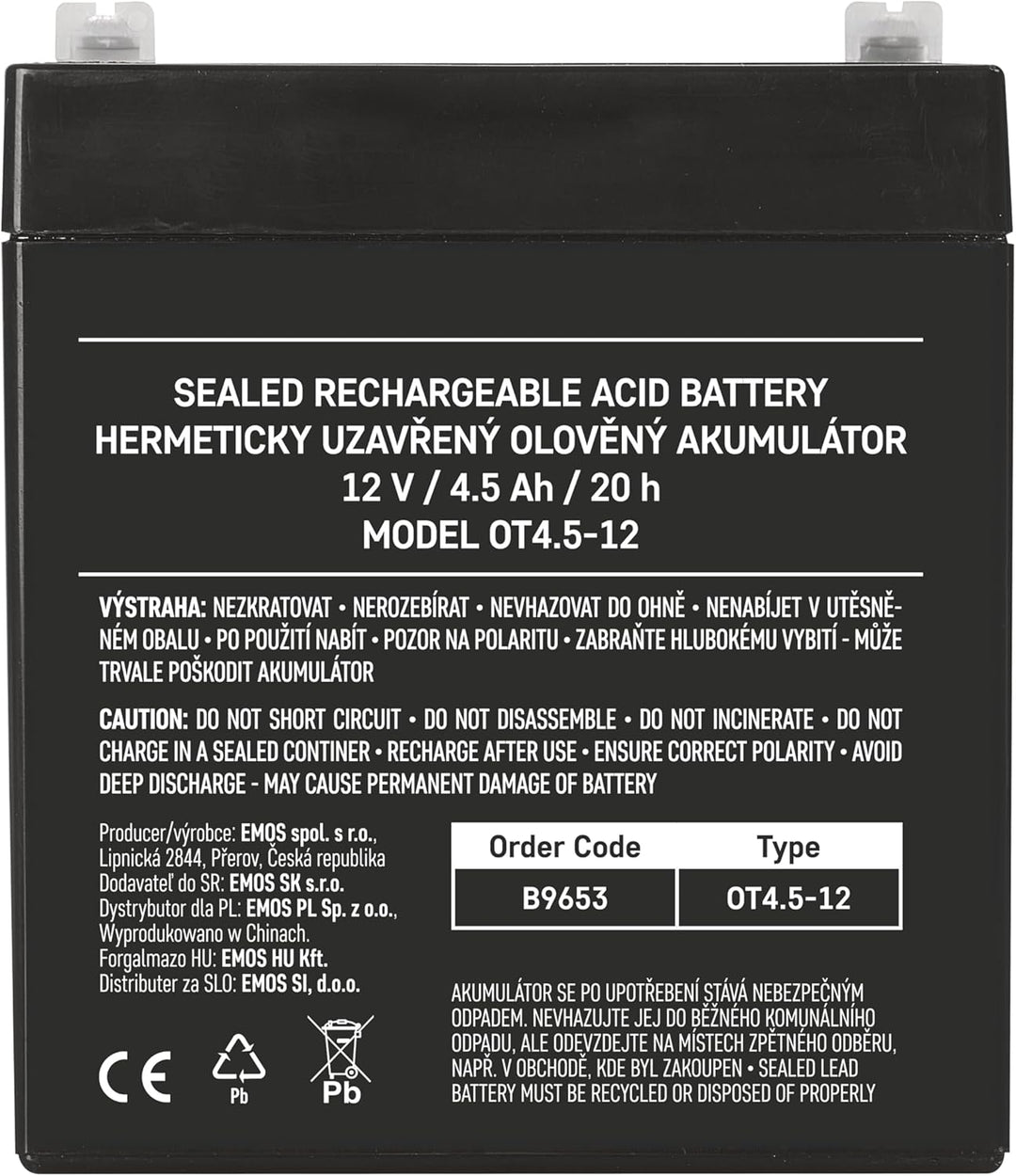 EMOS - Wartungsfreier Bleiakku - 12V 4,5Ah - AGM Batterie - Faston 4,7mm Anschluss - Für Notbeleucht