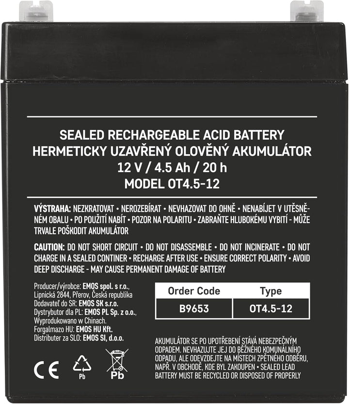 EMOS - Wartungsfreier Bleiakku - 12V 4,5Ah - AGM Batterie - Faston 4,7mm Anschluss - Für Notbeleucht