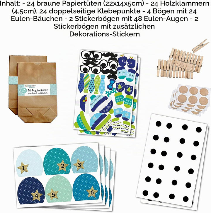 Papierdrachen Adventskalender 2025 zum Befüllen - 24 blaue Eulen-Tüten im Winterdesign - DIY Set mit