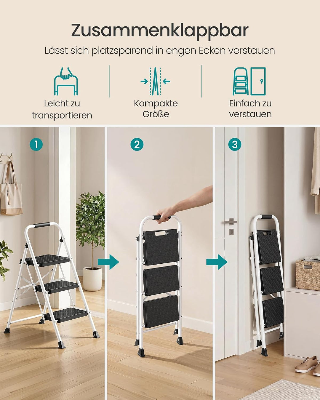 SONGMICS Trittleiter Stahl, Leiter 3 Stufen klappbar, Klappleiter belastbar bis 150 kg, Tritthocker