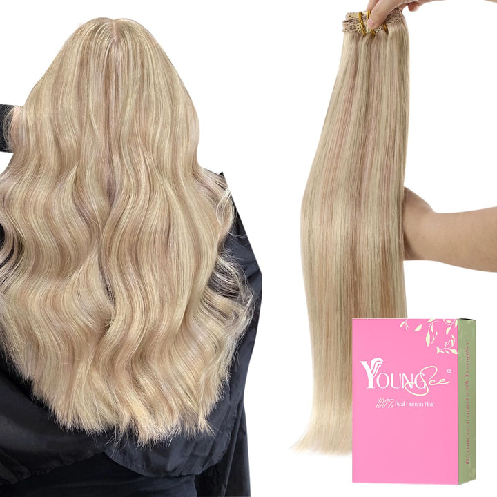 YoungSee Clip in Extensions Echthaar Blond Clip in Extensions Aschblond Strahnchen Blond Clip in Haa