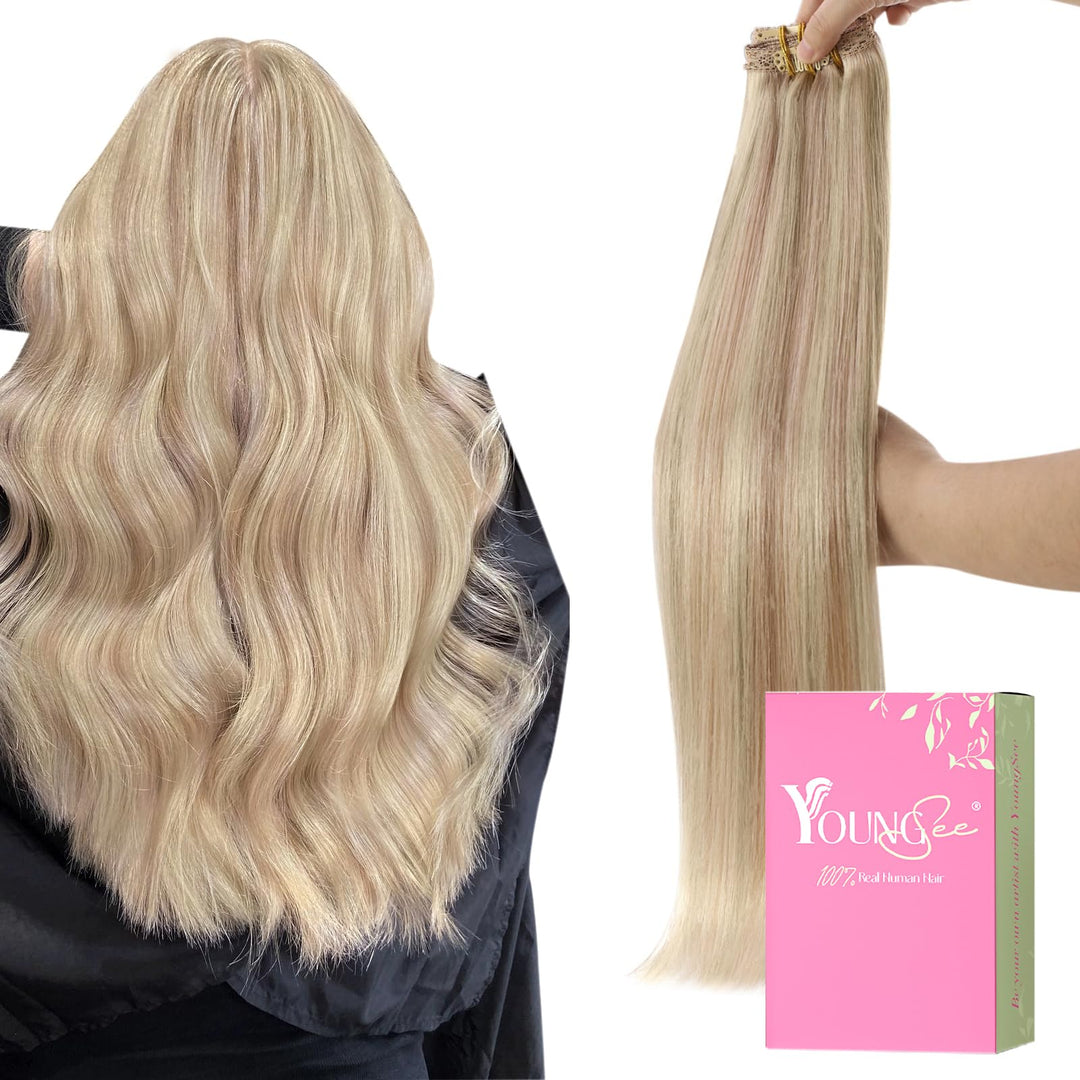 YoungSee Clip in Extensions Echthaar Aschblond Echthaar Extensions Clip Blond Strahnchen Platinblond