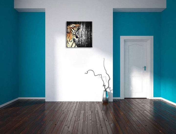 Pixxprint gähnender Tiger schwarz/weiss, Format: 70x70 auf Leinwand, 70x70
