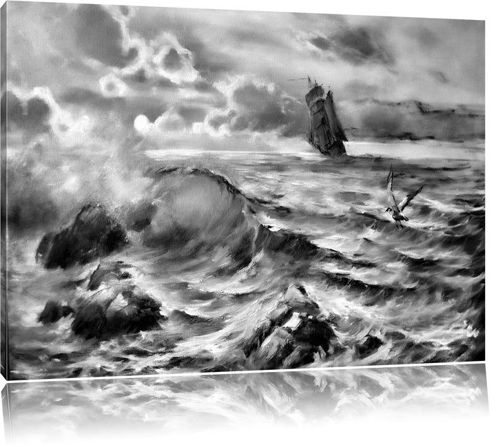 Pixxprint Monocrome, Sturm überm Meer Kunst, Format: 100x70 auf Leinwand, 100x70