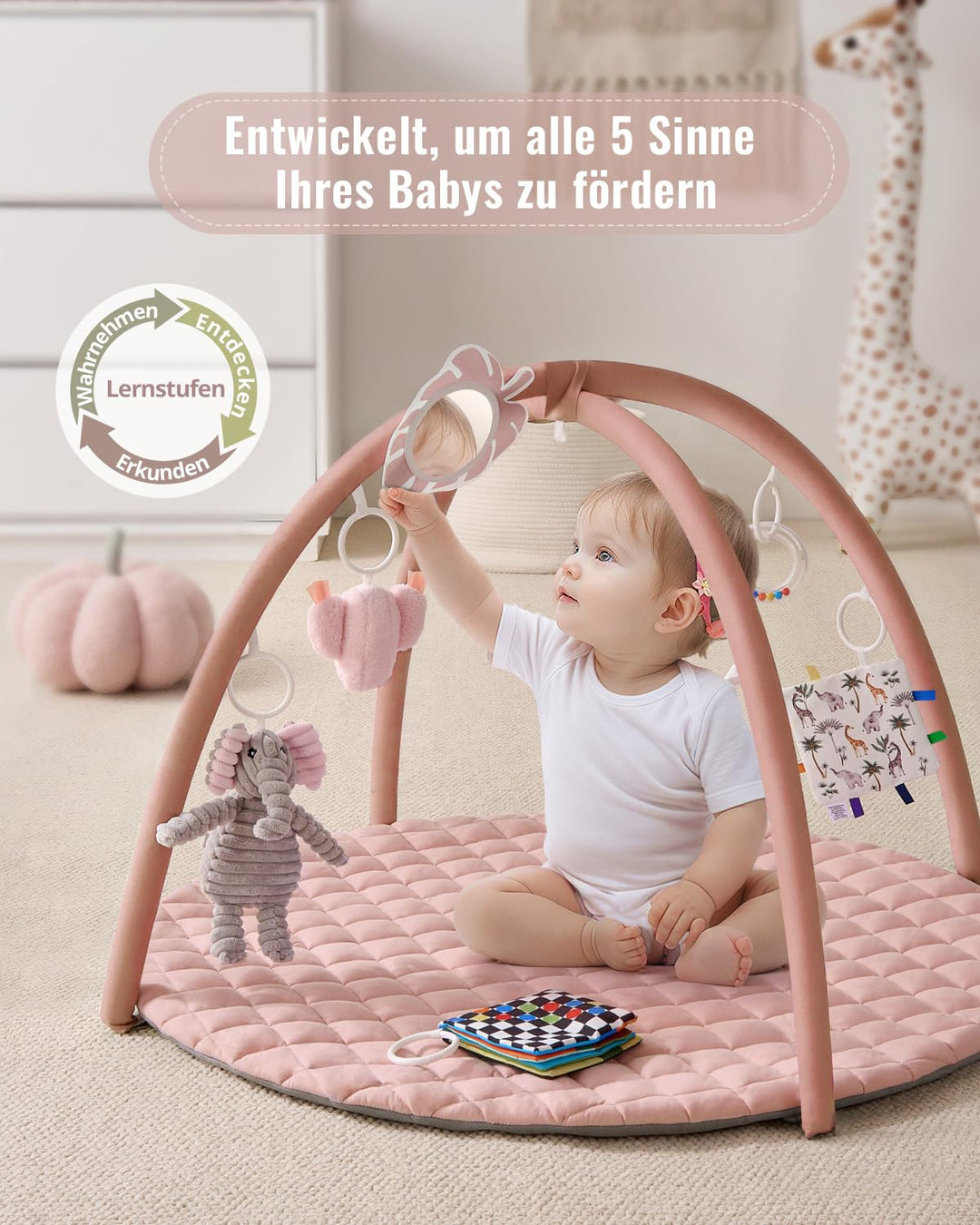 Blissful Diary Spielbogen Baby, Spieldecke Baby Gym Activity Decke mit 6 Abnehmbare Spielzeuge, krab