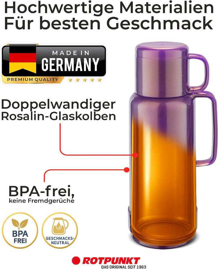 ROTPUNKT Isolierflasche 1 Liter mit integriertem Becher - Hochwertige Isolierkanne Made in Germany I