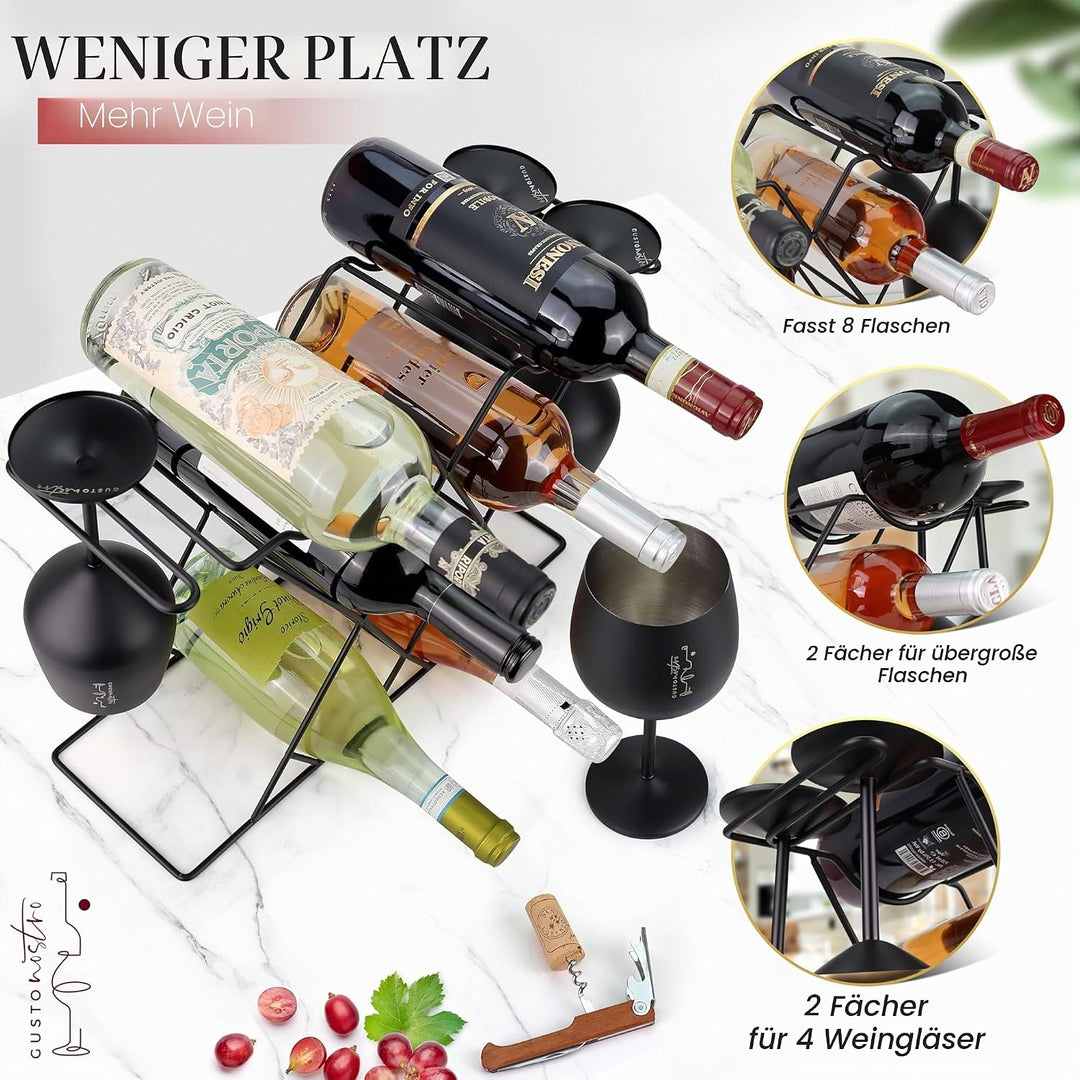 Gusto Nostro Kleines Weinregal Schwarz Metall mit Weinglashalter - Weinflaschenhalter für 8 Flaschen