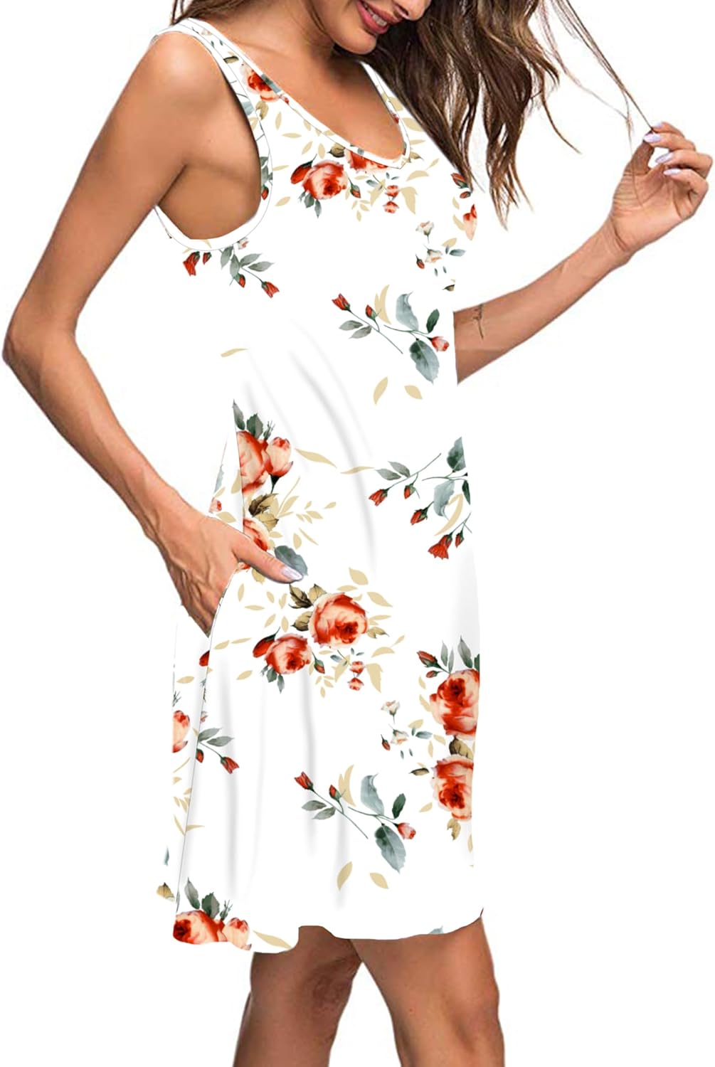 AUSELILY Damen Sommerkleid V-Ausschnitt Strandkleid Ärmellos Swing Kleider mit Taschen XL Rosa Weiss