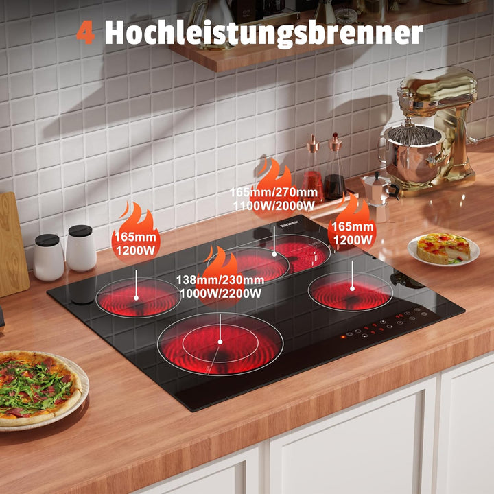 Karinear Glaskeramikkochfeld 4 Platten, Kochfeld Keramik Autark mit Doppelter Ausziehbarer Zone, Tou