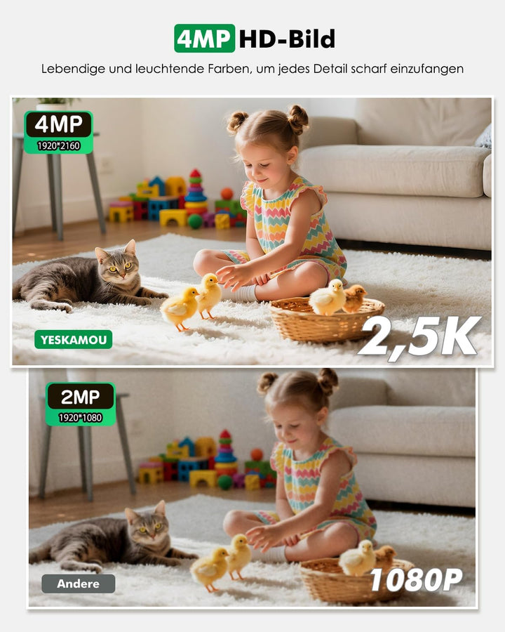 2,5K 4MP Überwachungskamera Innen Akku, 360° WLAN innenkamera mit akku, 2,4/5 GHz WiFi, 360° Kamera