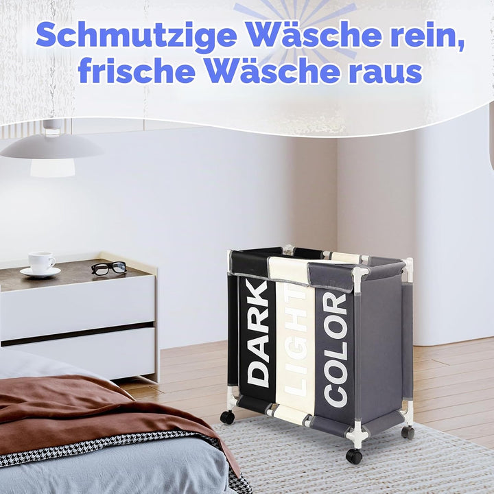 Rieeyrslza Wäschesortierer auf Rollen 90L Wäschekörbe 3 Fächer Wäschekorb aus Oxford-Stoff Mit Decke
