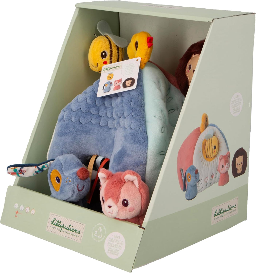 Lilliputiens - Stoff-Aktivitätshaus mit 4 Zubehörteilen für Babys - Lernspielzeug mit 4 Rasseln - 4