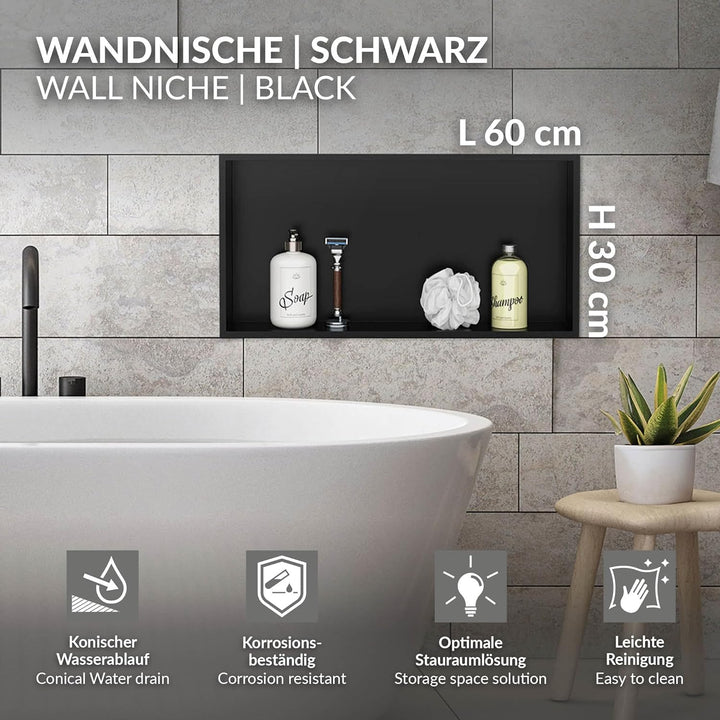 LuxeBath Wandnische aus Edelstahl, 60x30x10 cm, Schwarz, Duschnische mit Rahmen, Einbauregal, Flexib