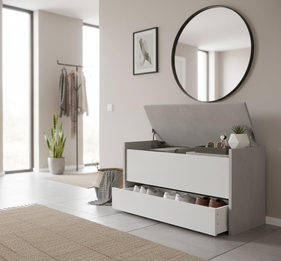 Dmora - Truhenbank Lantana, Moderne Eingangsmöbel mit Schuhregal, Koffertruhe mit zwei Behältern, 10