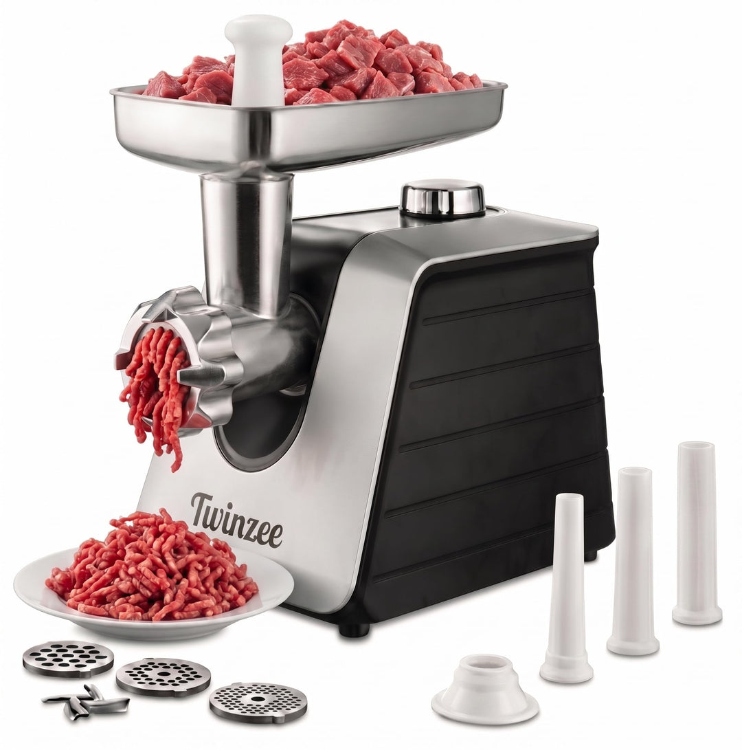 Twinzee - Elektrischer Fleischwolf mit Wurstfüller, Schwarz - Für Fleisch und Wurst - Küchenmaschine