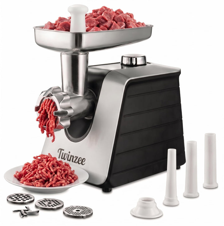 Twinzee - Elektrischer Fleischwolf mit Wurstfüller, Schwarz - Für Fleisch und Wurst - Küchenmaschine