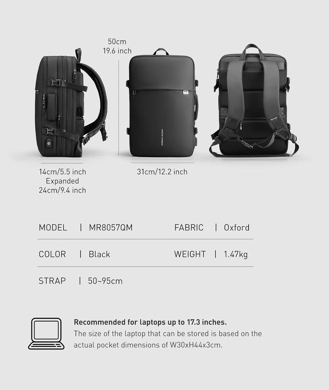 MARK RYDEN Business Rucksack Erweiterbar 20L-35L Hydrophobes Gewebe zum Mitnehmen Laptop für 17,5-Zo