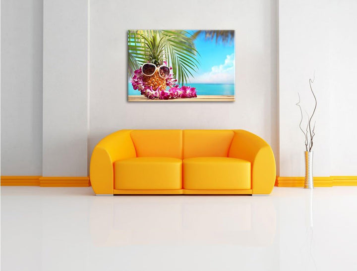 Ananas Urlaubsfeeling mit Sonnenbrille Format: 100x70 auf Leinwand, XXL riesige Bilder fertig gerahm