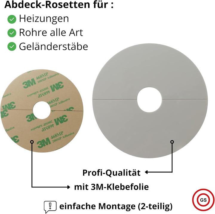 Rosetten Abdeckung für Rohre, Heizungen, Geländer - EINFACHE MONTAGE, Rohrverkleidung MADE IN GERMAN