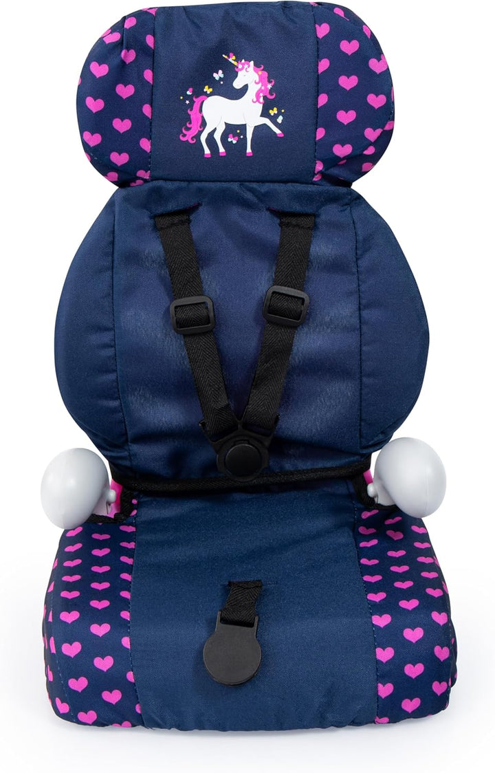 Bayer Design 67554AA Deluxe Puppenautositz, Puppensitz, Puppenzubehör, mit Gurt, blau, rosa, Einhorn