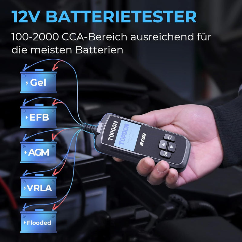 TOPDON BT50, 12V Blei Säure Batterietester, führt Batterietests, Anlasstests und Ladetests durch und