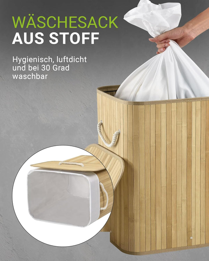 Juskys Bambus Wäschekorb Curly Natur 100L - Hygienischer Wäschekorb mit Deckel, Tragegriff & Wäsches
