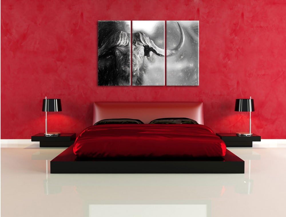 Pixxprint Kaffernbüffel mit kräftigen Hörnern Kunst Kohle Effekt 3-Teiler Leinwandbild 120x80 Bild a