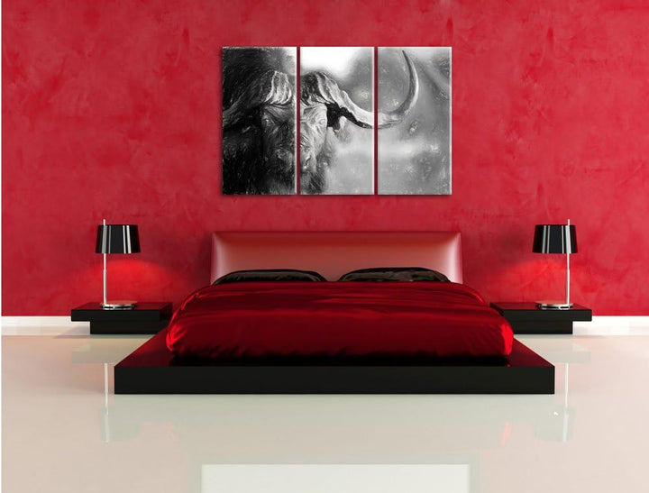 Pixxprint Kaffernbüffel mit kräftigen Hörnern Kunst Kohle Effekt 3-Teiler Leinwandbild 120x80 Bild a