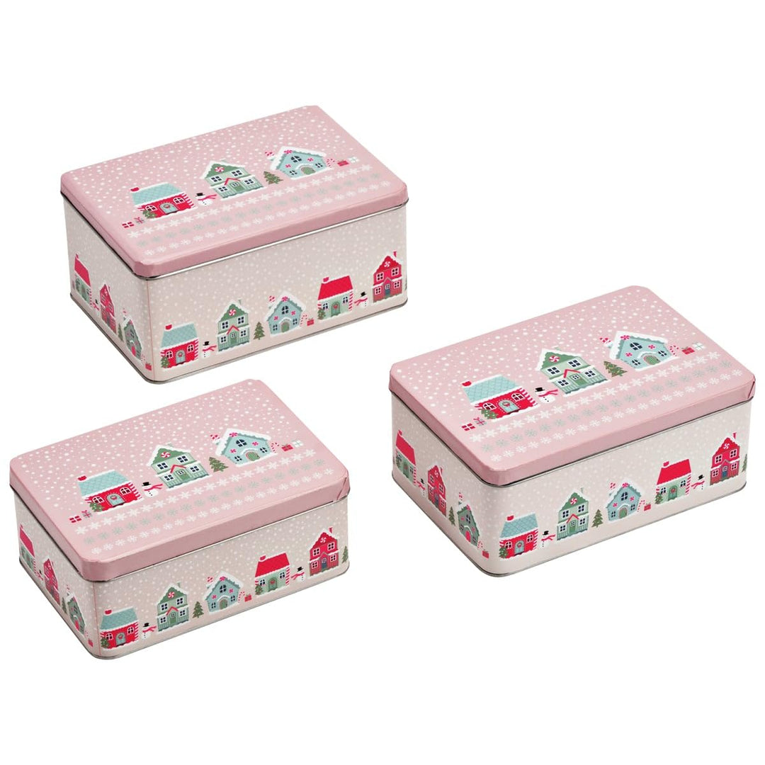 Gebäck-Dosen eckig Merry Christmas 3er Set - Plätzchendosen aus Metall Rosa Scandi Weihnachtsdorf Hä