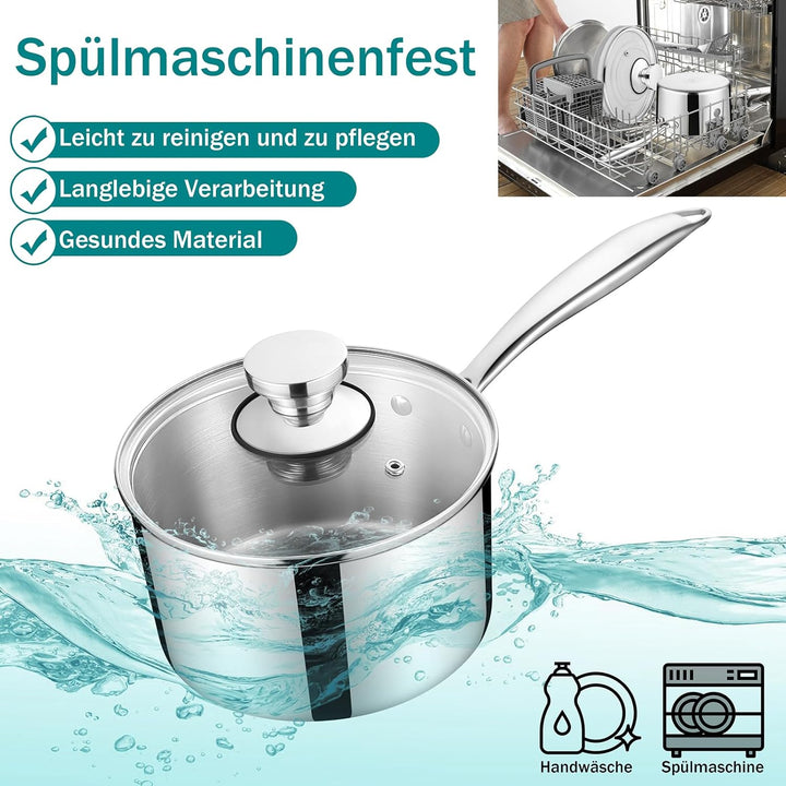 Homikit 16cm Stielkasserolle, 3-Lagen Edeastahl Kasserolle, Glasdeckel, Milchtopf Induktion 1,9L, Un