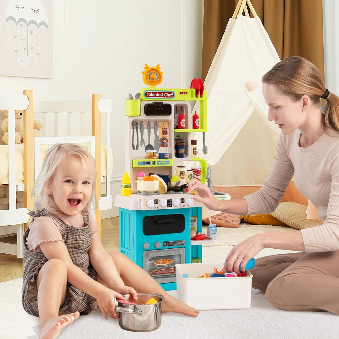 COSTWAY Kinderküche mit 95 Zubehör, Spielküche mit Licht, Sound & Dampf, Kinder Küche mit Kochherd,
