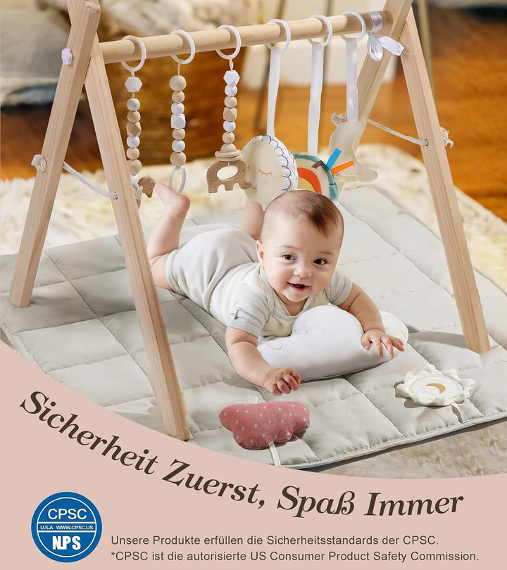 Mallify Baby Spielbogen mit Matte, Holzspielzeug mit 9 Sensorischen Spielzeugen, Faltbares Baby-Spie