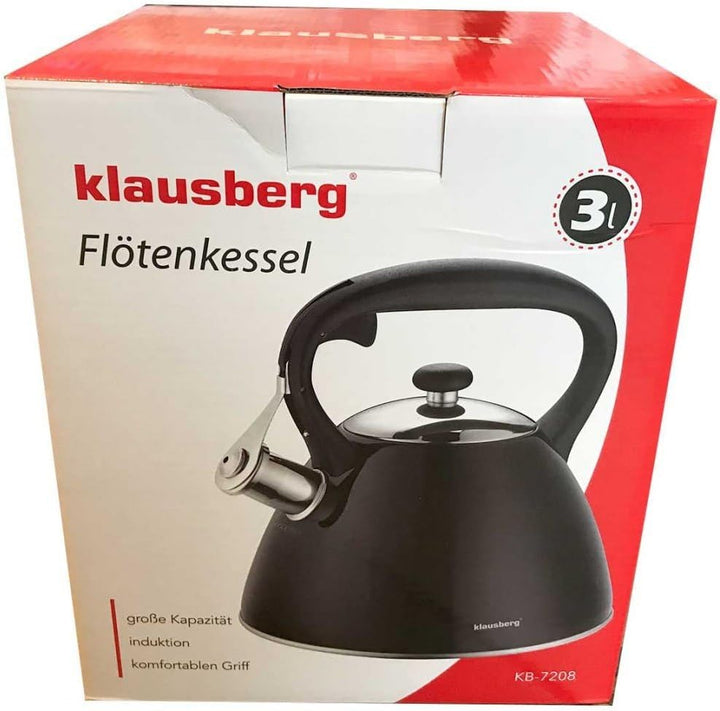 Klausberg Schwarz Edelstahl Flötenkessel Teekessel Wasserkessel 3,0 Liter KB-7208, Schwarz