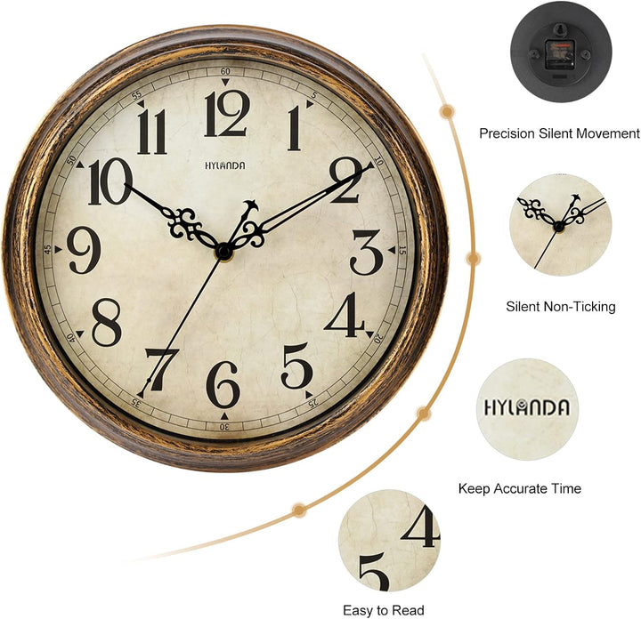 HYLANDA Wanduhr - Vintage-Stil, batteriebetrieben - Retro, geräuschlos, Nicht tickend - Dekoration,