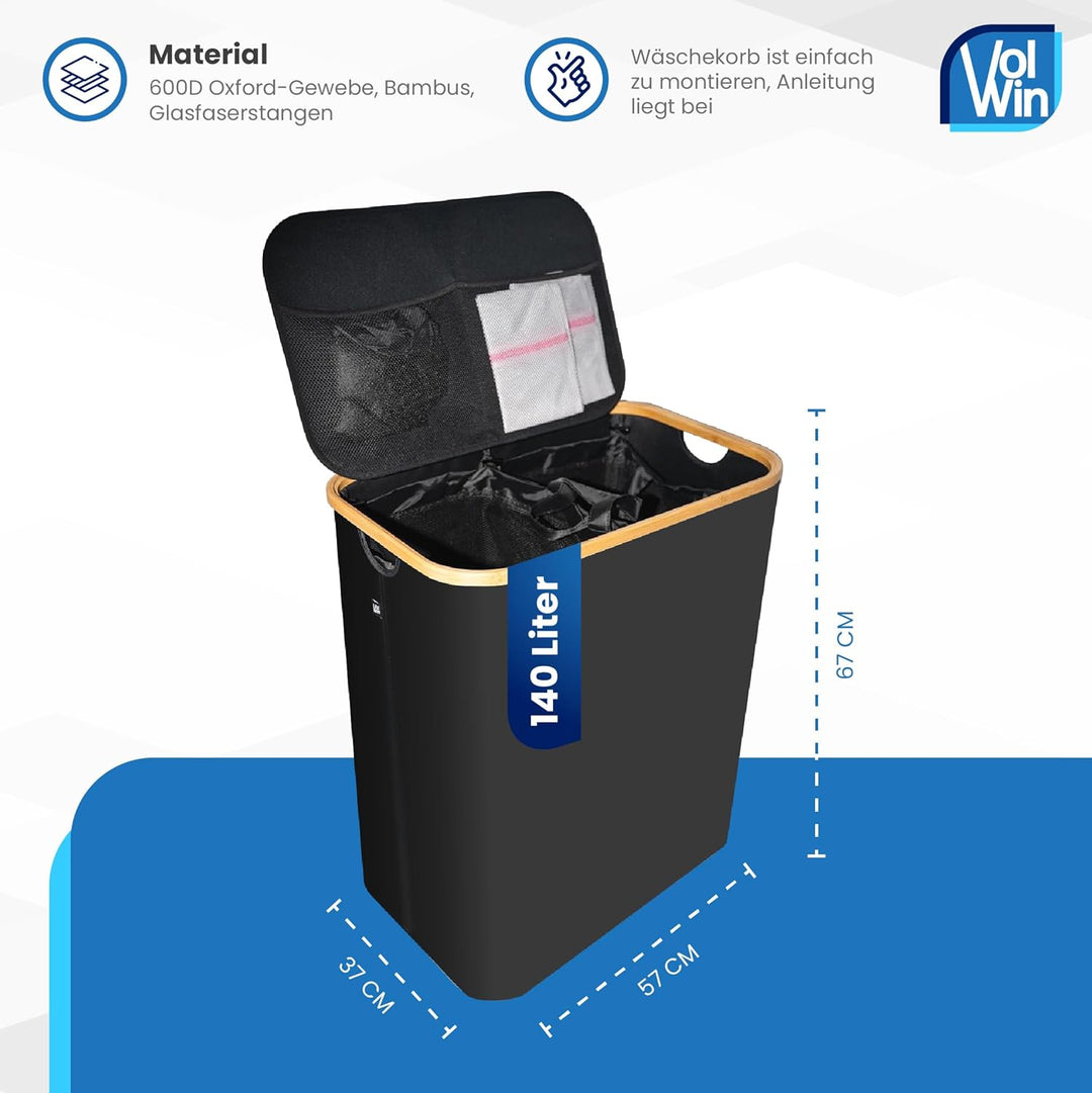 Wäschekorb schwarz 140L – Faltbar & mit Deckel – 2 Fächer + 3 Wäschesäcke & 2 Waschnetze – Aus Oxfor