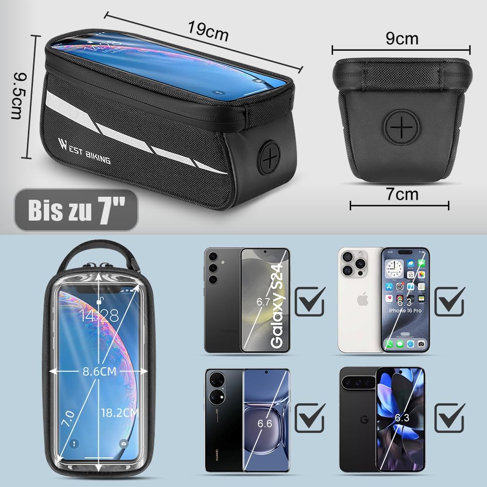 Fahrrad Rahmentasche mit Handytasche, 1L Oberrohrtasche mit Touchscreen für Smartphone bis 7 Zoll, W