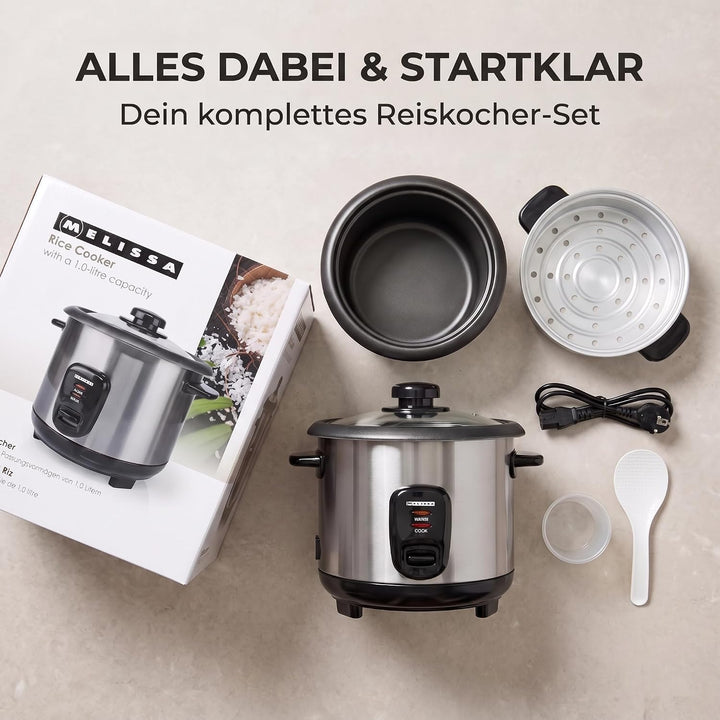 Melissa Reiskocher 1,5 L - 500 W Edelstahl-Reiskocher mit Antihaft-Innentopf, Dämpfkorb für Gemüse &amp;