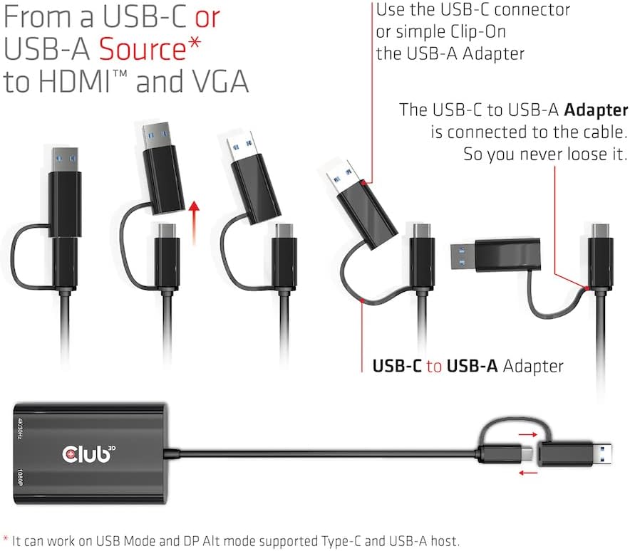 Club 3D Adapter USB Gen1 Type-C/-A auf Dual HDMI™(4K/30Hz) / VGA (1080/60Hz)