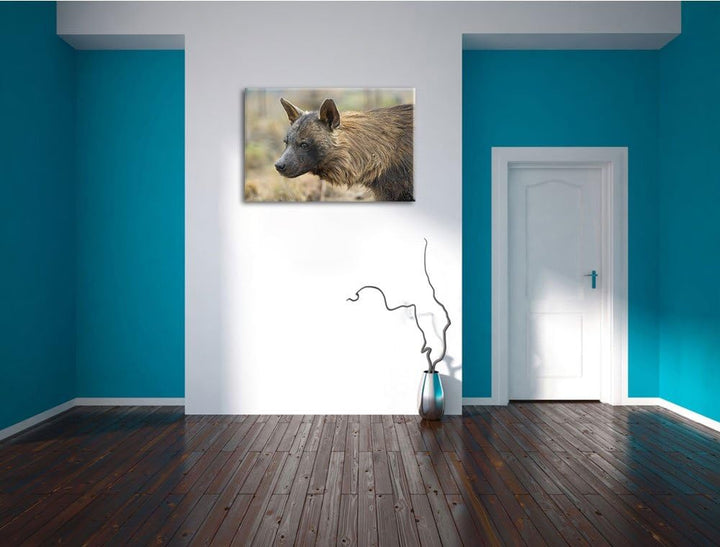 Pixxprint anmutige Hyäne im Wildgras auf Leinwand, XXL riesige Bilder fertig gerahmt mit Keilrahmen,