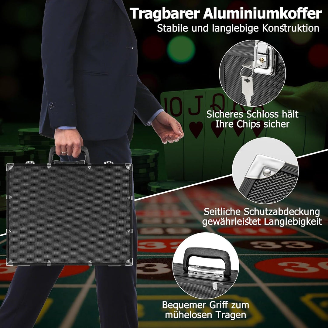 GOPLUS 300 Stück Pokerset, Pokerkoffer mit 2 Kartendecks & 5 Würfel & 3 Dealer-Buttons & Pokertuch &