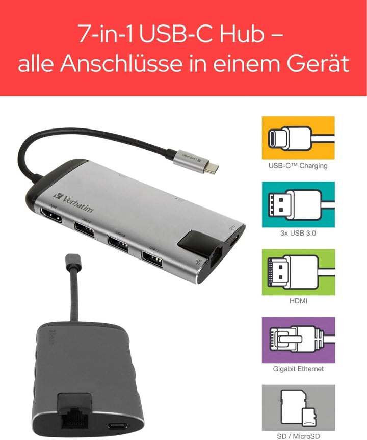 Verbatim USB-C Adapter USB 3.1 GEN 1/USB, 49142 Multiport-Hub HDMI/SDHC/MicroSDHC/RJ45, Multiport-Hu