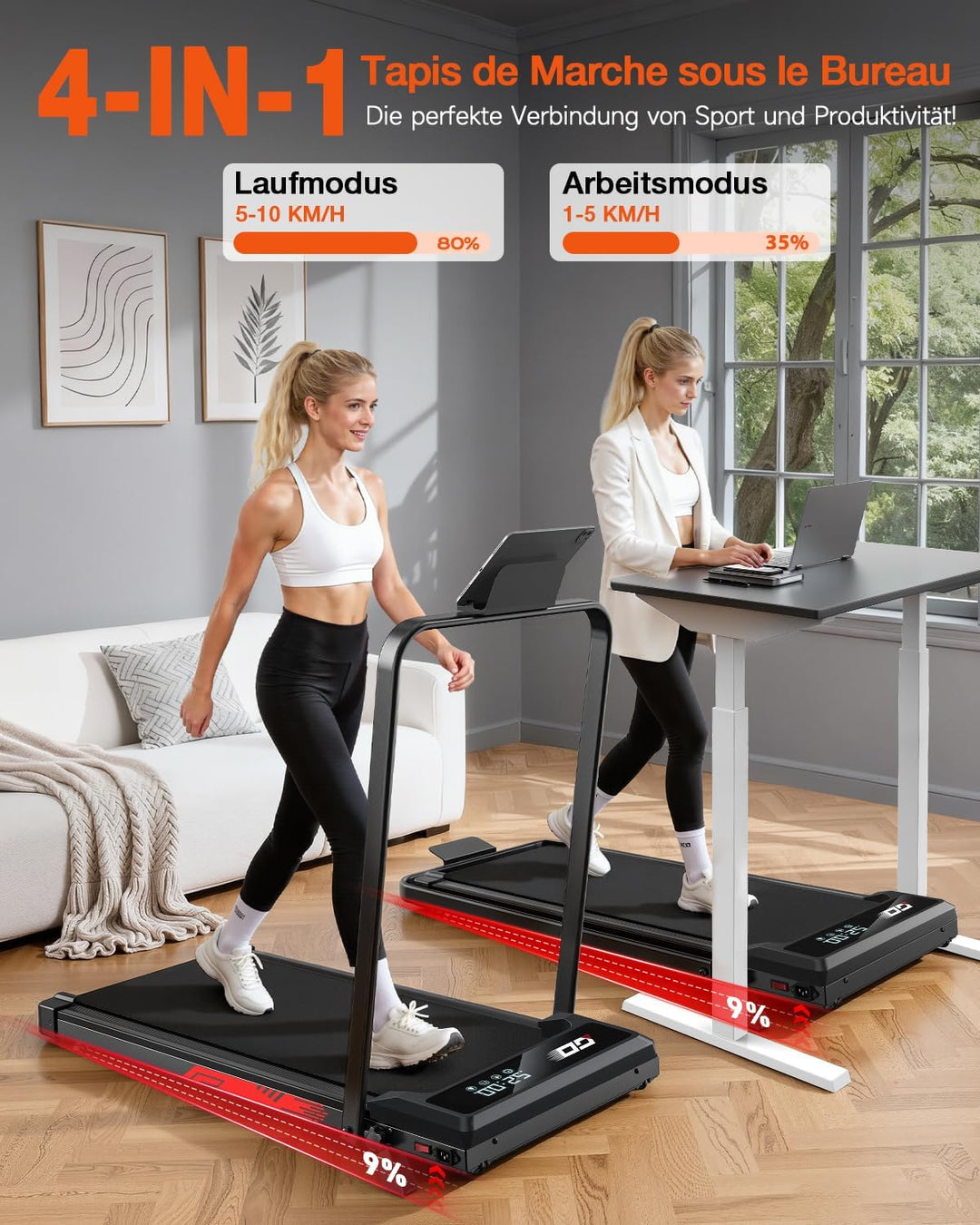 Walking Pad Laufband Klappbar 9%, 1-10 km/h, Brushless Motor | Zuhause und Büro,