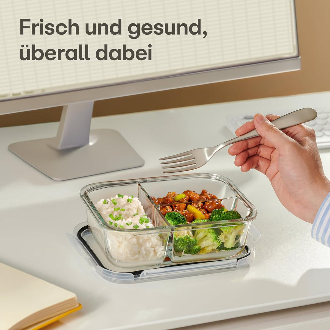 Praknu Meal Prep Boxen Glas 3 Fächer - Glasdosen 2er Set mit Deckel 1000ml - Luftdicht - BPA-Frei -