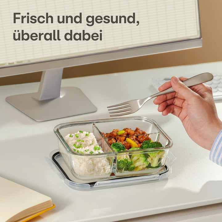Praknu Meal Prep Boxen Glas 3 Fächer - Glasdosen 2er Set mit Deckel 1000ml - Luftdicht - BPA-Frei -