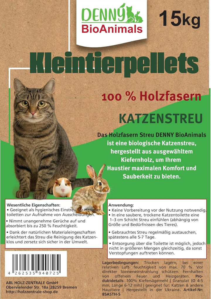 Kleintierstreu, Katzenstreu Holzpellets 15 kg (23 L) – 100% natürliche Einstreu für Katzen, Kaninche