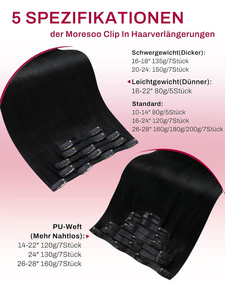 Moresoo Clip in Extensions Schwarz Echthaar Extensions Clip 45 cm 5 Stück 80g Glattes Haar Leicht zu