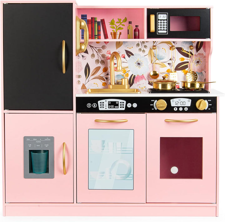 Leomark Kinderküche aus Holz Memo Rosa Spielküche mit goldenen Accessoires Holzküche für Kinder Spie